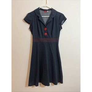 Y2k Pinup Girl Polka Dot Sailor Nautical Dress Navy Blue Red S/M Buttons Collar